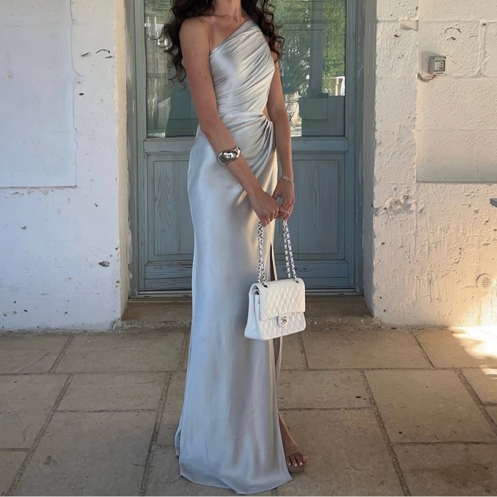 Shona Joy Lune One-Shoulder Silver Evening Gown
